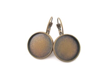 16mm bezel leverback earrings, brass plated, pick your amount, C139