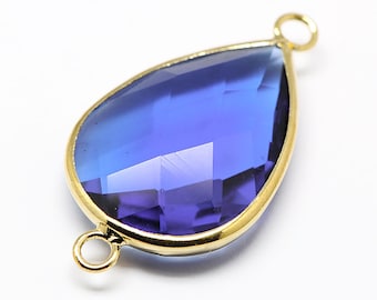 DESTASH SALE 2  Blue Faceted Glass Teardrop Pendants Connecters, Tear Drop Charm Connectors with a Smooth Gold Plated Bezel L503