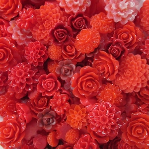 20pc. red flower flatbacked resin cabochon mix, cute grab bag of flat backed acrylic plastic floral cabs, roses, mums etc...
