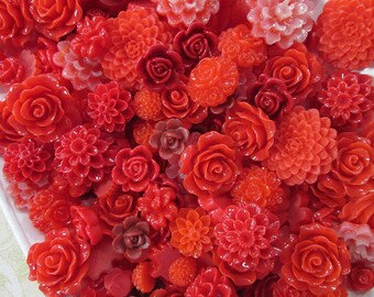 20pc. red flower flatbacked resin cabochon mix, cute grab bag of flat backed acrylic plastic floral cabs, roses, mums etc...