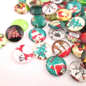 12mm or 14mm Flatbacked Round Glass Christmas Cabochons, Flat Backed Xmas Cabs, X-mas Decoration Embellishment