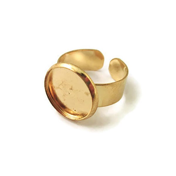 5 Gold Plated 14mm Round Bezel Rings shanks, adjustable ring blank base trays with an open adjustable back A91