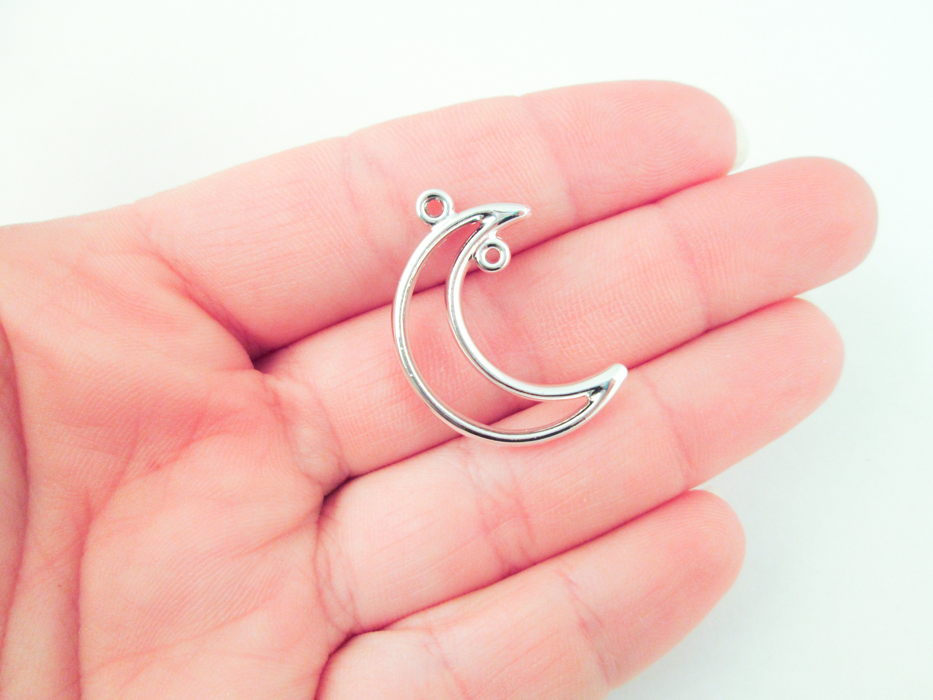 8 Double Sided Large Silver Plated Open Bezel Crescent Moon Charm