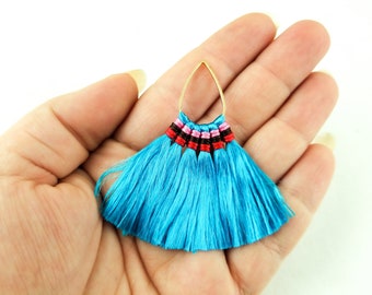 4 Blue Multi-color Teardrop Pendant Tassel Charms, Teardrop Circle Tassel, Tassel Charm, Dyed Thread approx. 60x50mm, L198