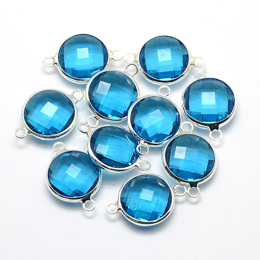 2 Round Faceted Glass Connecter Pendants Ocean Blue Drops - Etsy