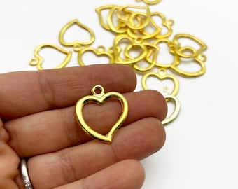 6 Double Sided Large Gold Plated Open Bezel Valentines Day Heart Charm, Great for UV Resin, 171a