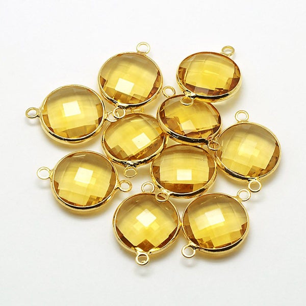 DESTASH SALE  2  Faceted Round Glass Connecter Pendants, Golden Yellow Topaz with a Smooth Gold Plated Bezel, A360