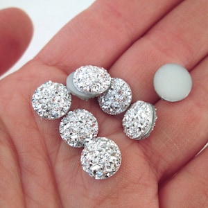 10 Silver Flatbacked Round 12mm Resin Druzy Cabochons, Flat Backed Acrylic Plastic Drusy Cabs, Glue On Fake Gemstone Drusies  H50