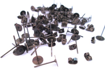 6mm flat pad brass plated ear studs with ear nuts, pick your amount, C198