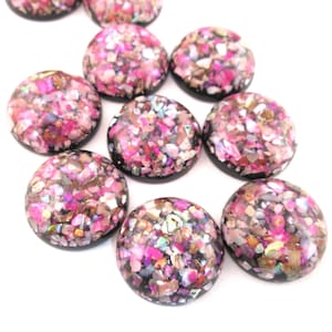 Five 18mm Flatbacked Black/Pink Resin and Shell Cabochons, Flat Backed Acrylic Plastic Cabs H540