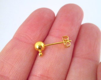 5 Pair 4mm diy ball studs earring findings with a loop connecter, gold plated ear finding connectors with matching ear nuts, C208