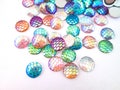 Ten 12mm Round Mixed Color Flatbacked Resin Iridescent Fish Scale Cabochons, Flat Backed Acrylic Plastic Mermaid Cabs, H463