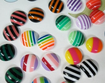 25 cute 10mm round striped cabochons,  mixed color cabs #1158