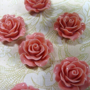 10 coral 20mm rose resin cabochons, beautiful flower cabs