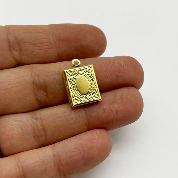 4 Mini Gold Plated book locket charms, 11x14mm, D143