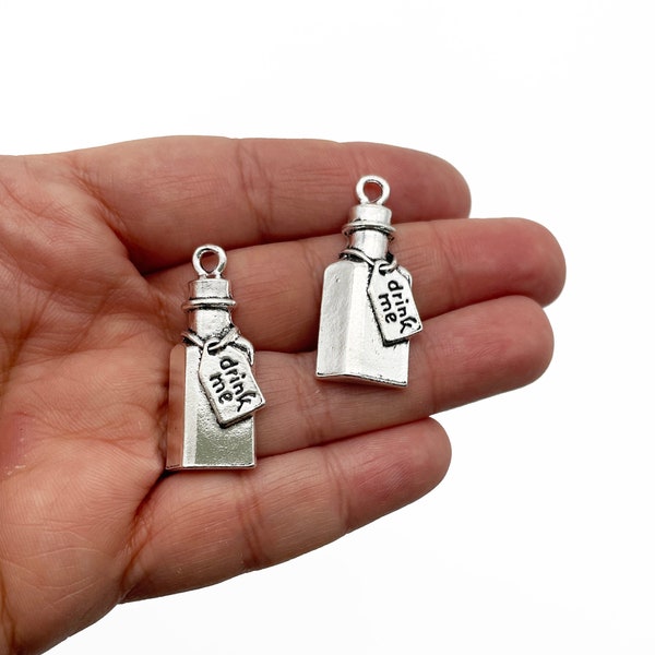 6 Silver Plated "Drink Me" Bottle Charms, Alice In wonderland Pendants L158