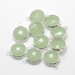 DESTASH SALE 2 Round Seafoam Green Faceted Glass Connecter Pendant Drops, Connector Charms with a Smooth Silver Plated Bezel L521