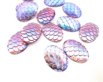 10 Purple Resin Flat Backed Oval Fish Scale Cabochons, Flatbacked Plastic Ab Cabs, H461