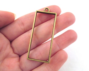 3 Brass Plated Rectangle Charms, 48mm Bronze Open Bezel Rectangular Blank Base Pendant, For DIY UV Pressed flowers F170