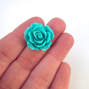 10 teal blue 20mm rose flat backed floral resin cabochons, beautiful flatbacked acrylic plastic flower cabs
