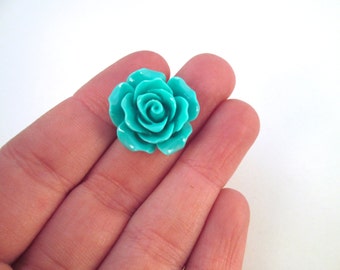 10 teal blue 20mm rose flat backed resin cabochons, beautiful flatbacked plastic flower cabs