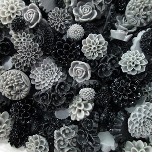 20pc. Black and Grey acrylic plastic flatbacked flower cabochon mix,  cute flat backed resin floral cab grab bag of roses, mums etc...