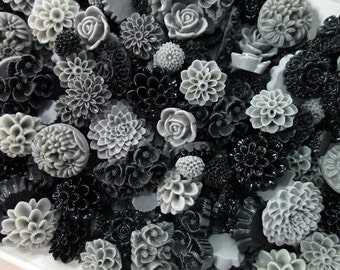 20pc. Black and Grey flower cabochon mix,  cute grab bag of roses, mums etc...