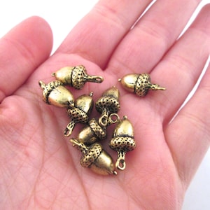 May include: A collection of eight gold-toned acorn charms with a loop for attaching to jewelry or other crafts.