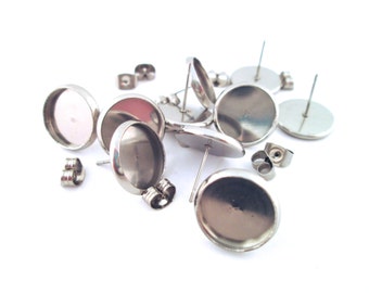 12mm Round Bezel Stud Earring Settings, Stainless Steel Blank Base Ear Findings, Pick Your Amount, C176