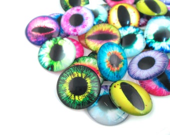 6 Flatbacked Round 25mm or 1 inch Multicolor Glass Eye Cabochons, One Inch Flat Backed Cabs