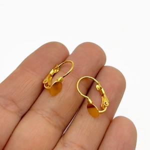 May include: Two gold-colored leverback earring findings. Each earring finding has a curved wire and a flat, round disc. The findings are held in a hand against a white background.