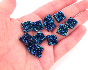 10 Blue 12mm Square Flatbaked Resin Druzy Cabochons, Geometric  Flat Backed Fake Drusy, Plastic Druzies, H114