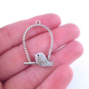 10 Silver plated bird on a perch charms pendants, D215a