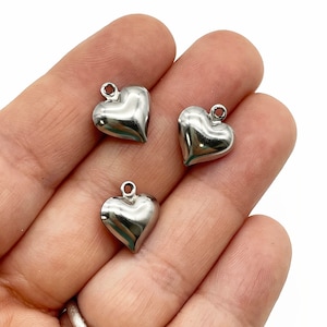 15 Small Stainless Steel Puffy Heart Charms, double sided pendants  B170