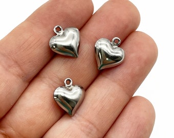 15 Small Stainless Steel Puffy Heart Charms, double sided pendants  B170