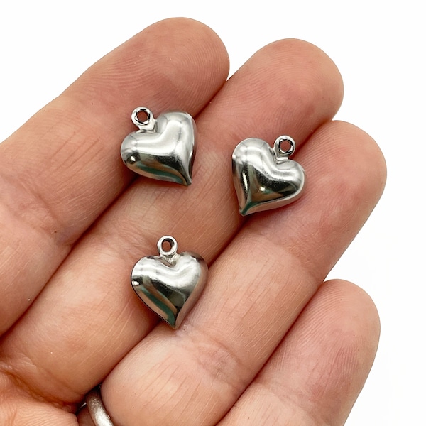 15 Small Stainless Steel Puffy Heart Charms, double sided pendants  B170