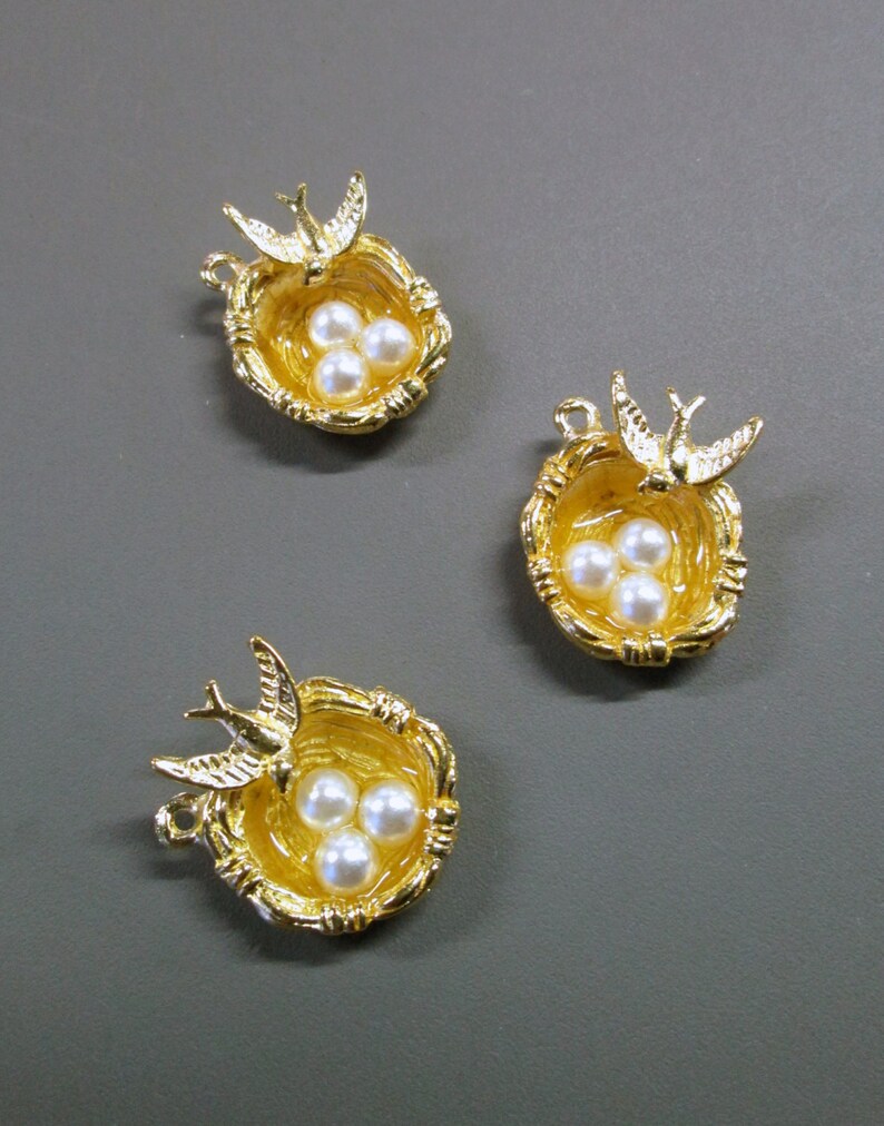 Birds Nest Pendants Charms Gold Plated With Pearl Eggs Pick Etsy