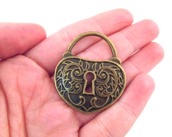 Large antique brass plated padlock heart pendant, Bronze plated charms 39x33mm, D60