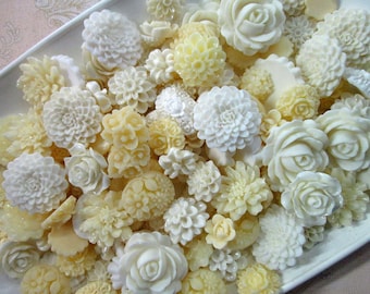 20pc. white, ivory + cream flatbacked resin flower cabochon mix, flat backed acrylic plastic floral cabs, cute grab bag of roses, mums etc