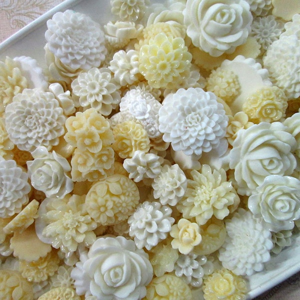20pc. white, ivory and cream flower cabochon mix,  cute grab bag of roses, mums etc...
