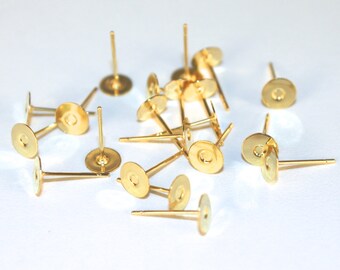 25 PAIR 6mm Earring Pad Stud Blanks with ear nuts, gold plated glue on pad, C196
