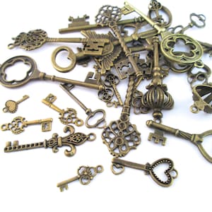 Assorted skeleton key charm grab bag mix, brass plated pendants, D174