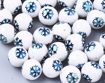 15 Round 10mm Iridescent Blue Snowflake Glass Christmas Beads L462