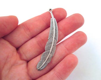 6 huge feather pendant charms, silver plated, 56x10mm, D226