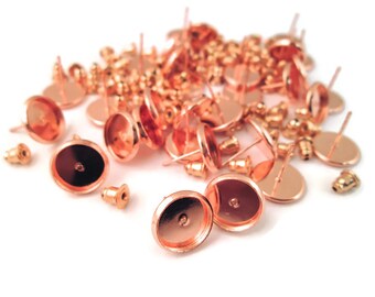 10mm round bezel stud earring settings, rose gold finish ear finding blank bases, pick your amount, C156