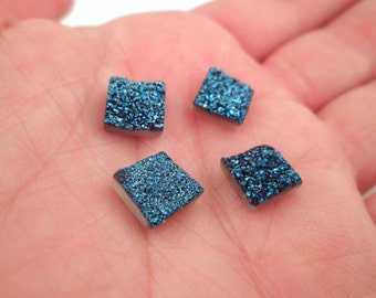 One Real Gemston 8mm Square Metallic Blue Druzy Gem Stone Flatbacked Cabochon, Flat Backed Drusy Cab  H80