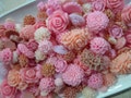20pc. flatbacked pink flower resin cabochon mix,  cute grab bag of flat backed acrylic plastic floral roses, mums cabs etc...