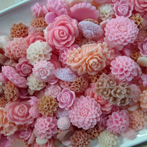 20pc. pink flower cabochon mix,  cute grab bag of roses, mums etc...