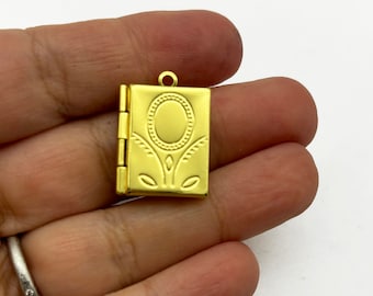 Gold Plated Folk Art Flower Design Mini Book Locket Charm Pendants, D13