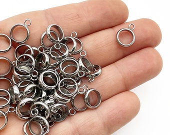 Six Stainless Steel Round Tube or Ring Bail Charms, Open Bezel Pendant, Circle Pendants A221